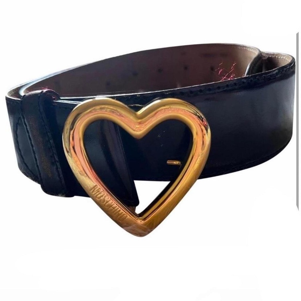 Moschino White gold Heart-Shaped Buckle Black Leather Belt